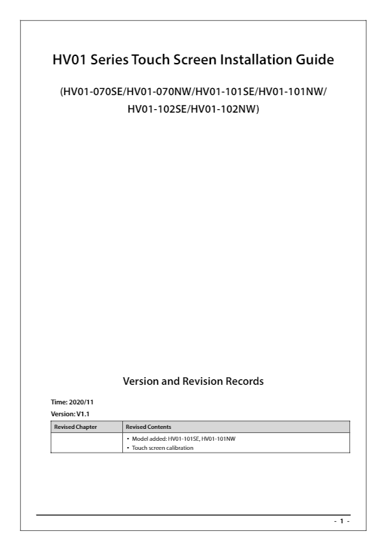HV01 Series Touch Screen Installation Guide
