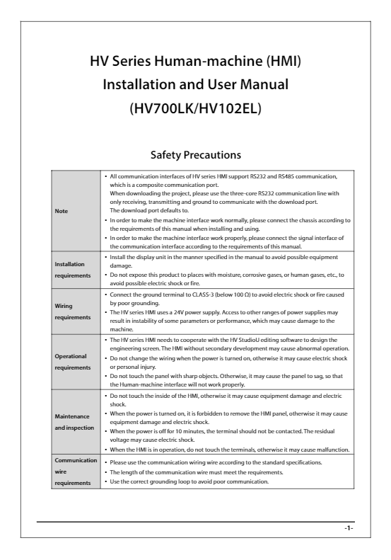 HV Series Human-machine (HMI) Installation and User Manual