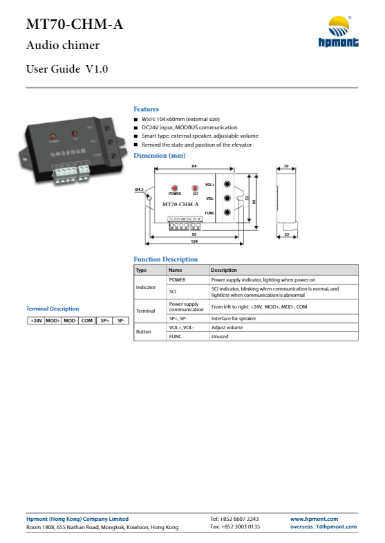 MT70-CHM-A Audio chimer User Guide