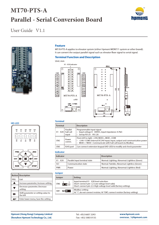 MT70-PTS-A Parallel - Serial Conversion Board User Guide