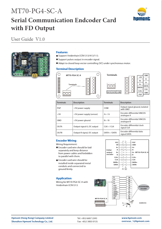 MT70-PG4-SC-A Serial Communication Endcoder Card with FD Output User Guide