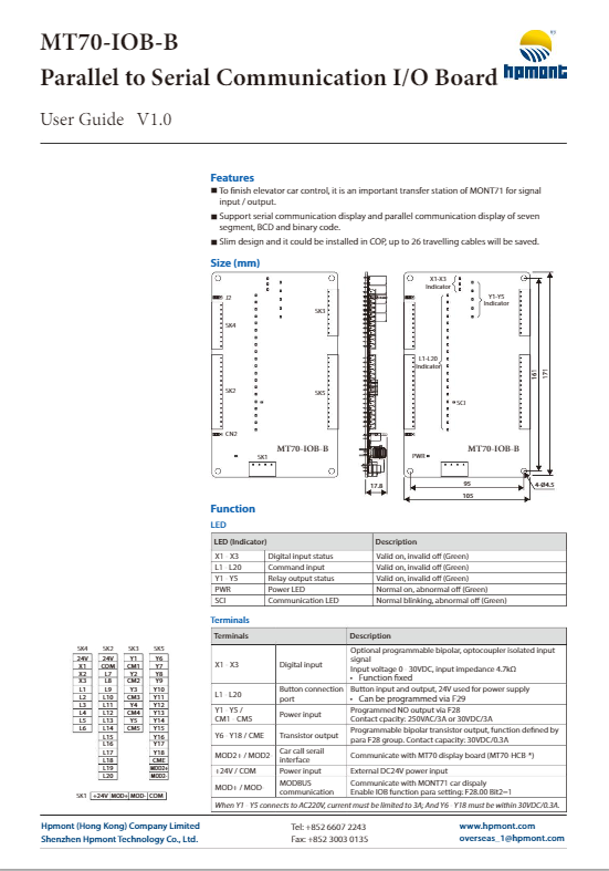 MT70-IOB-B Parallel to Serial Communication I/O Board User Guide