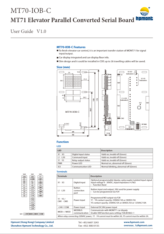 MT70-IOB-C MT71 Elevator Parallel Converted Serial Board User Guide